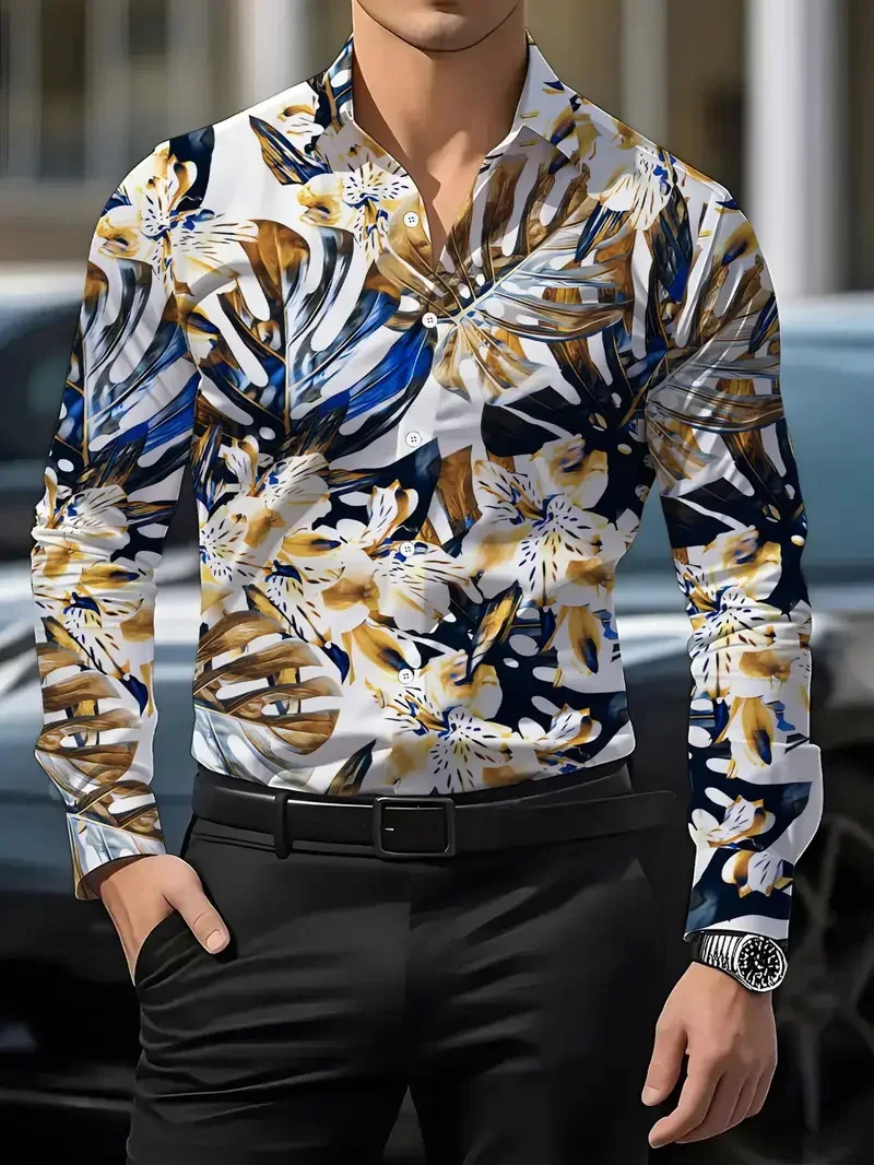 

Men's 3D Flower Printed Button Simple Business Shirt - Four Seasons Regular Fit Long Sleeve Lightweight Fabric, Casual Style,