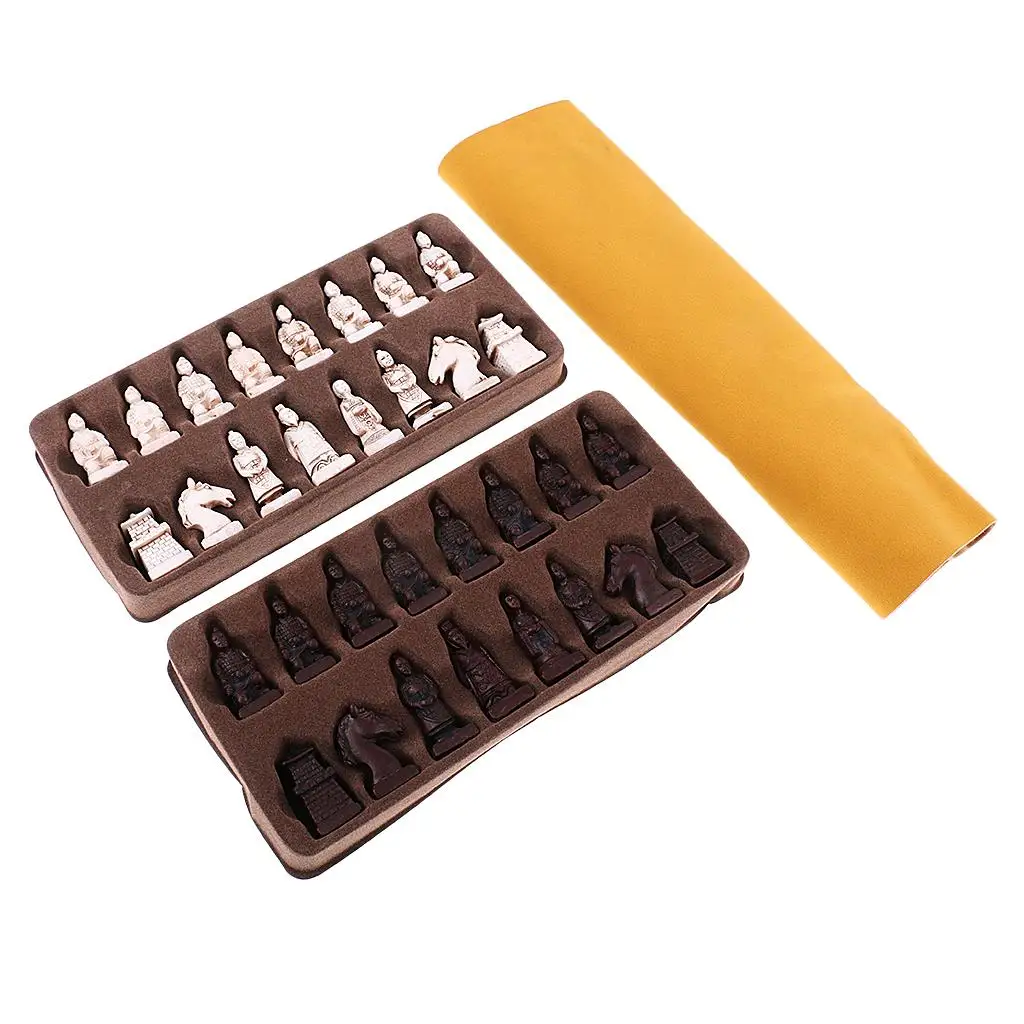 

Vintage Medieval Chess Game Resin Terracotta Army Chess Set Folding Imitation Leather Board Collectible Gift for Chess Lovers