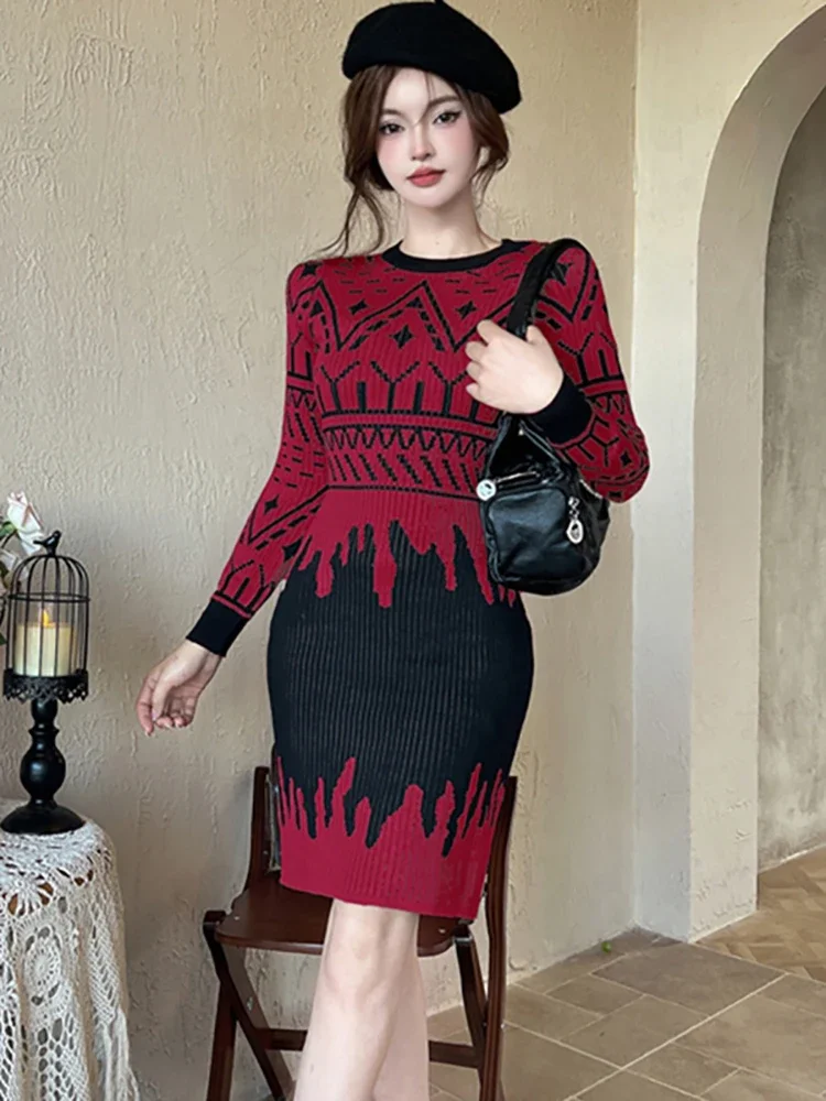 2024 Fashion Knitted Print Bodycon Short Dress Autumn Winter Elegant Casual Sweater Dress Women Korean Chic Festival Party Dress