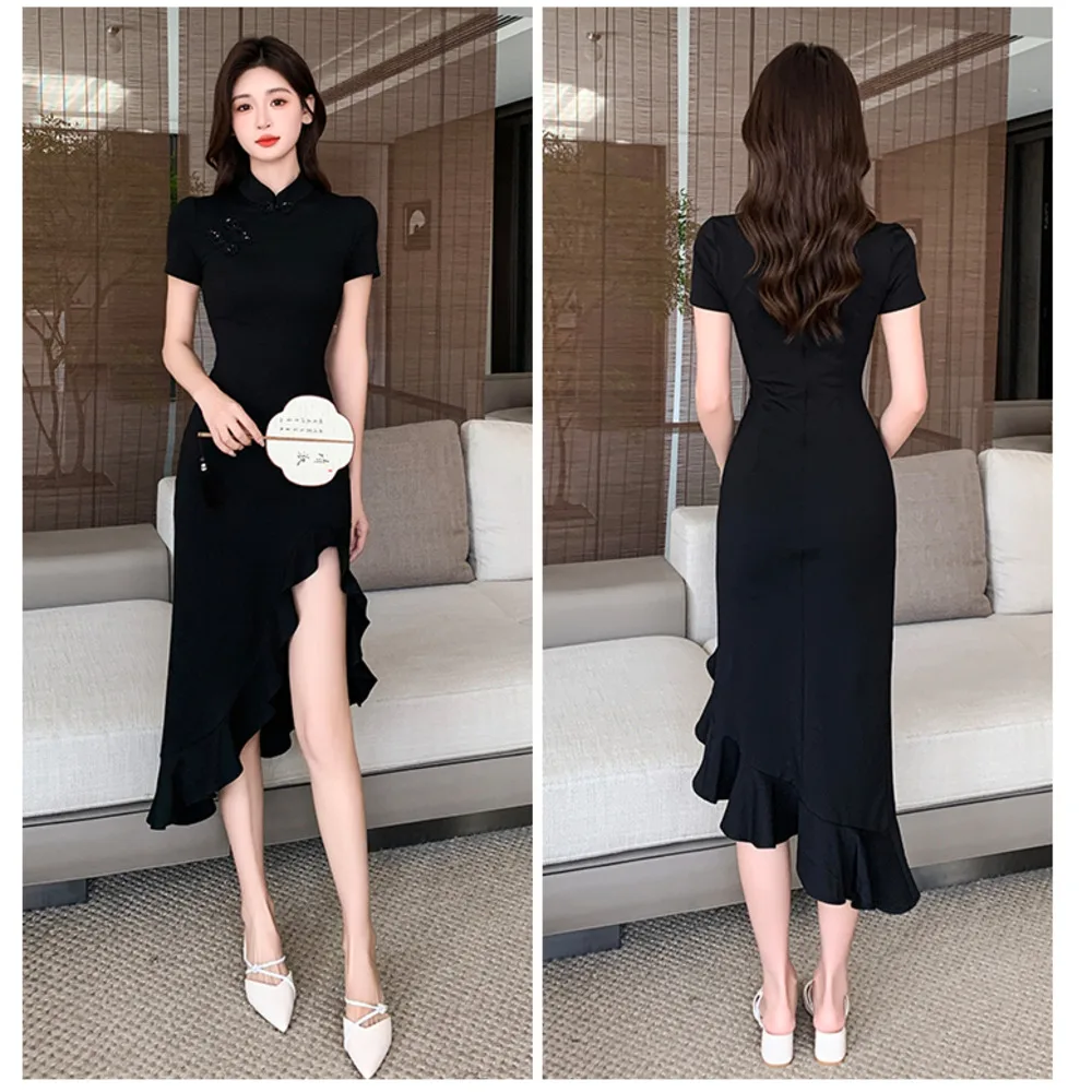 EIYOVVI 2024 Summer New Гибкий Frog Celebrity Elegance Mid Length Slim Wrapped Hip Fishtail Dress Korea Elegant Black Dresses