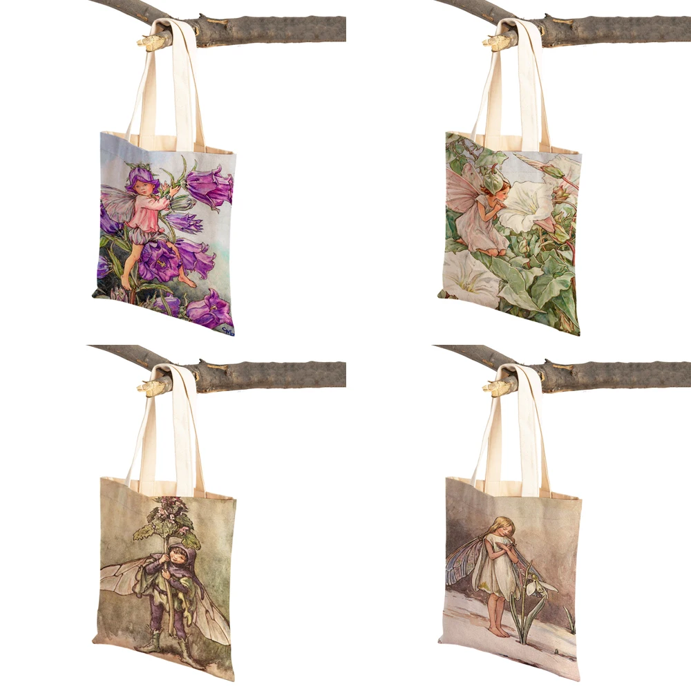 Both Print Cartoon Flower Girl Shopping Bag for Women Child Reusable Casual Fairy Tale World Elves Canvas Tote Shoulder Handbag