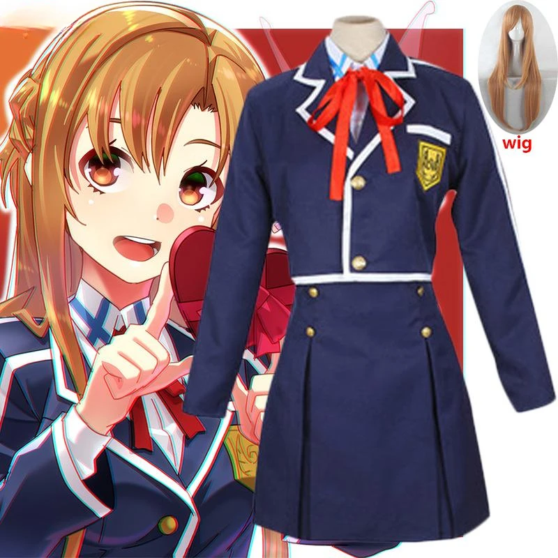 

Anime Sword Art Online SAO Yuuki Asuna Cosplay Costume Wig Women School Uniform Full Set with Shirt