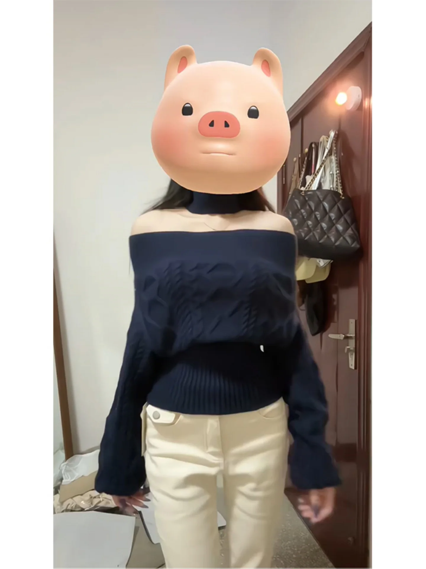 

Модный корейский вязаный свитер на одно плечо, универсальный модный длинный пуловер Sve Crew Ne для женщин