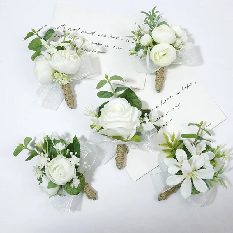 Boutonniere e corpetto da polso forniture per matrimoni ospiti per banchetti fiori simulati sposa e sposo serie bianca 371