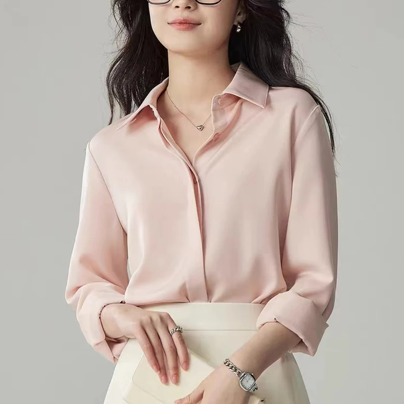 

Spring Autumn Elegant Satin Women's Blouse 2025 New Long Sleeve Turn-down Collar Korean Casual Loose Office Pink Shirts Female