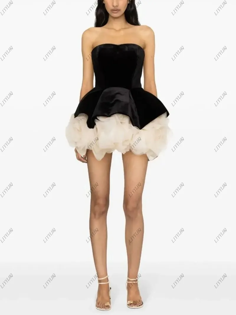 LIYYLHQ Fashion Chic Black Velvet Short Prom Party Dresses With Beige Ruffled Tulle Strapless Bubble Bottom Mini Cocktail Dress