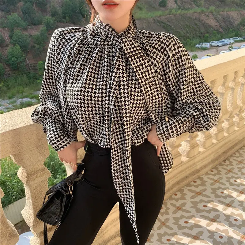 Vintage Plaid Shirt Tops Spring Autumn New Long Sleeve Bow Plus Size All-match Youth Blouse Sweet Fashion Trend Women Clothing