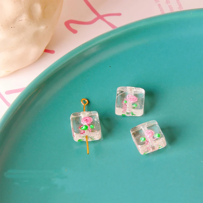 5pcs 12mm Square Shape Lampwork Flower Beads Fashion Jewelry Making Accessories Loose Spacer Murano Glass Bead For Bracelet DIY
