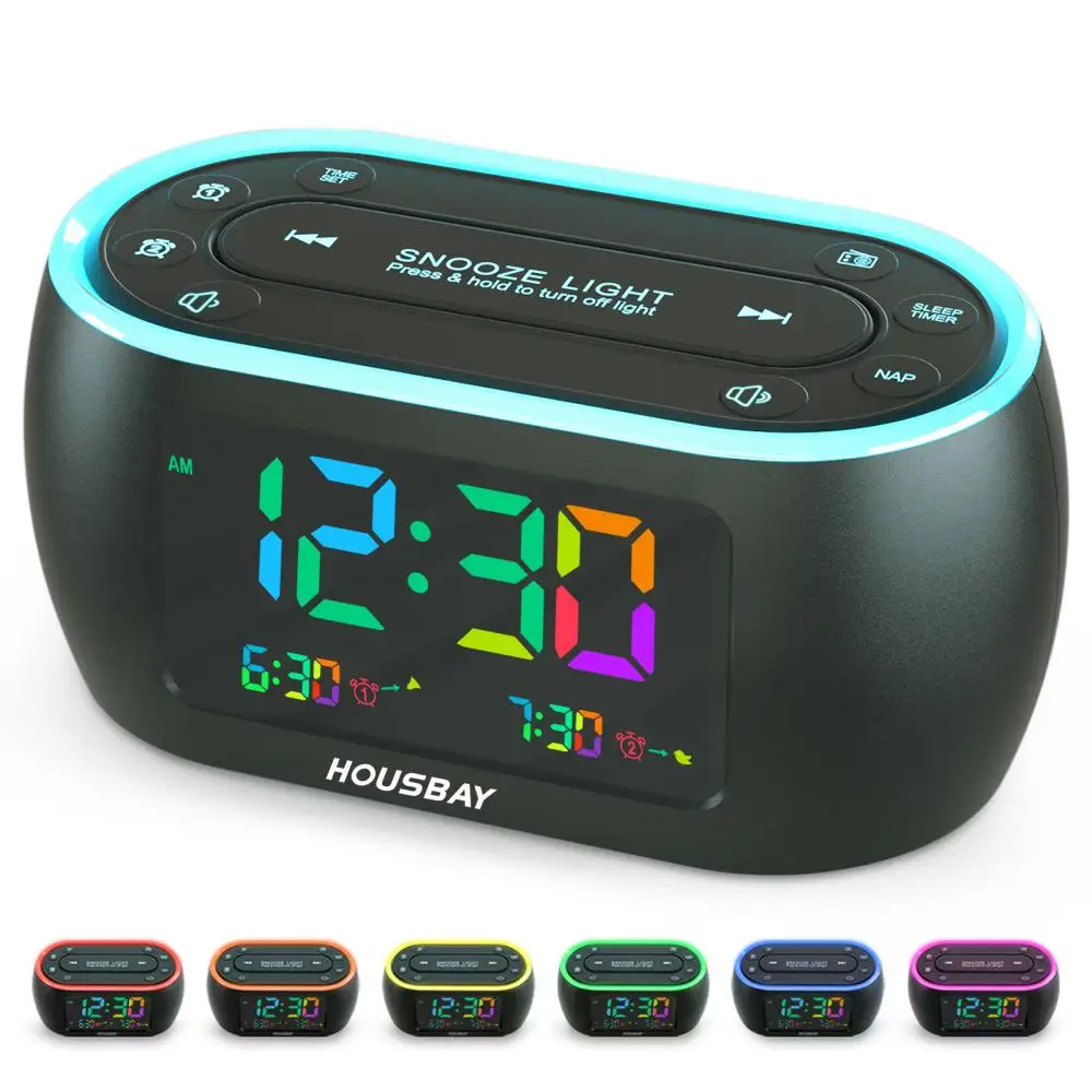 Reloj despertador 3 en 1 para dormitorio, Radio con luz nocturna, arcoíris, Digital, doble, pequeño, para niños