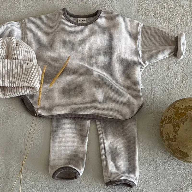 Sweat-shirt et pantalon en coton gaufré pour enfants, ensemble de vêtements décontractés pour enfants, tenues rayées pour bébés garçons et filles,