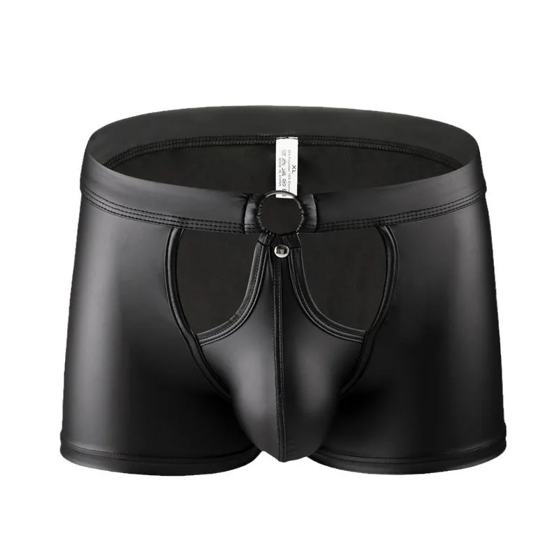 

Лакированное кожаное нижнее белье Boxy для мужчин, сексуальные U-образные выпуклые шорты-боксеры с вырезами для геев, эротические черные трусы со средней талией и подтяжкой бедер