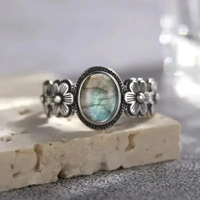 Vintage S925 Sterling Silver Rose Flower Ring With Oval 8*10mm Natural Moonstone Sweet Ring Fine Jewelry For Woman