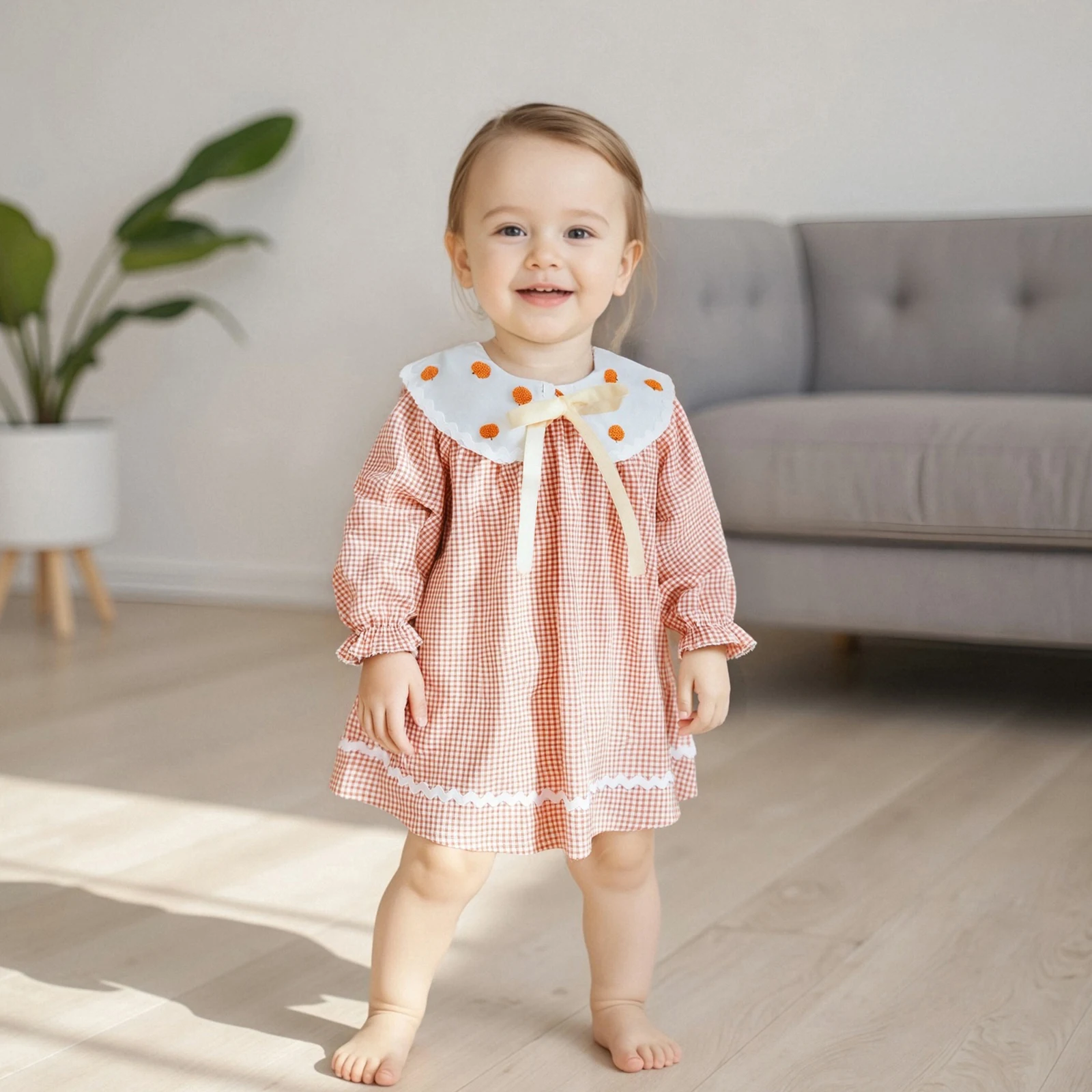 

Kid Clothes Girls Halloween A-line Dress Long Sleeve Doll Collar Pumpkin Embroidery Plaid Dress