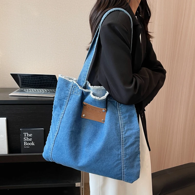 Retro Denim Canvas Bag For Women 2024 New Korean Large Capacity Single Shoulder Purse Trendy Casual College Student Tote Bags