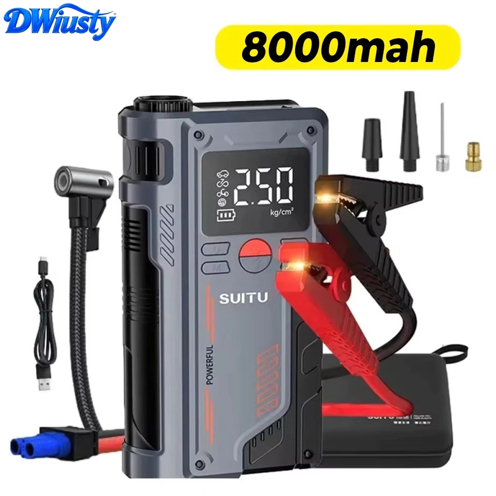 Arrancador de Coches 4 en 1 DWiusty con Compresor de Aire de 150 PSI, Cargador Portátil de 8000 mAh, Arrancador de Batería de Coche de 1000 A y Cámara