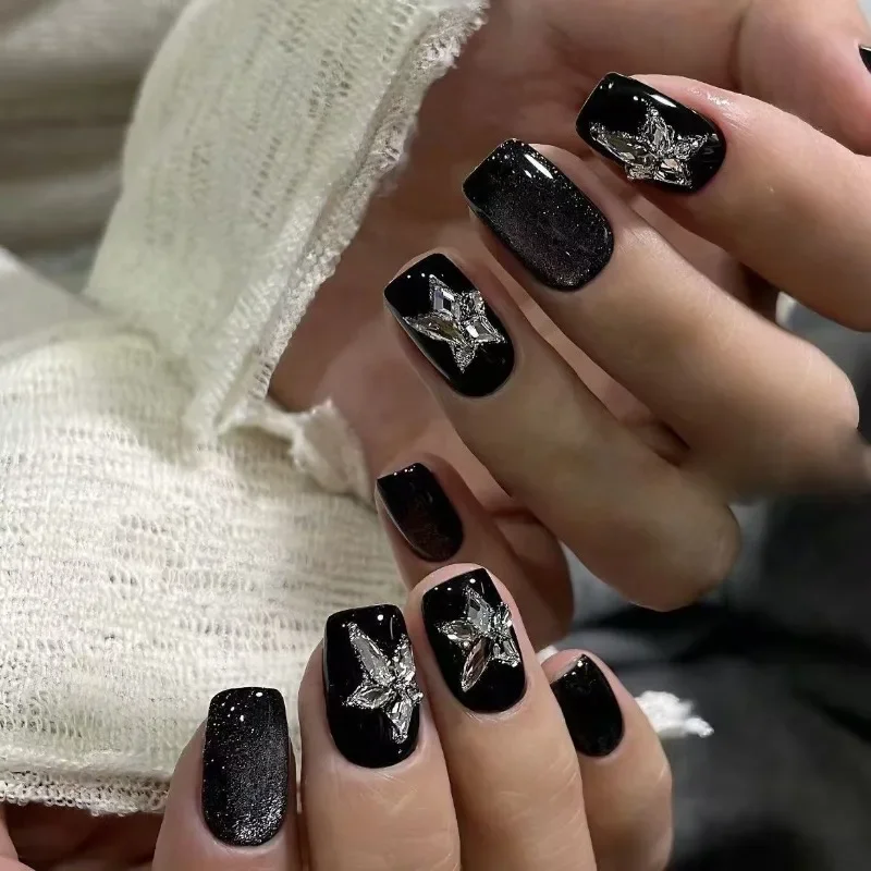 10 pezzi di perle di vetro scuro Cat Eye Press on Nails Bara lunga dipinta a mano punta francese con zircone diamante unghie finte di lusso fatte a mano