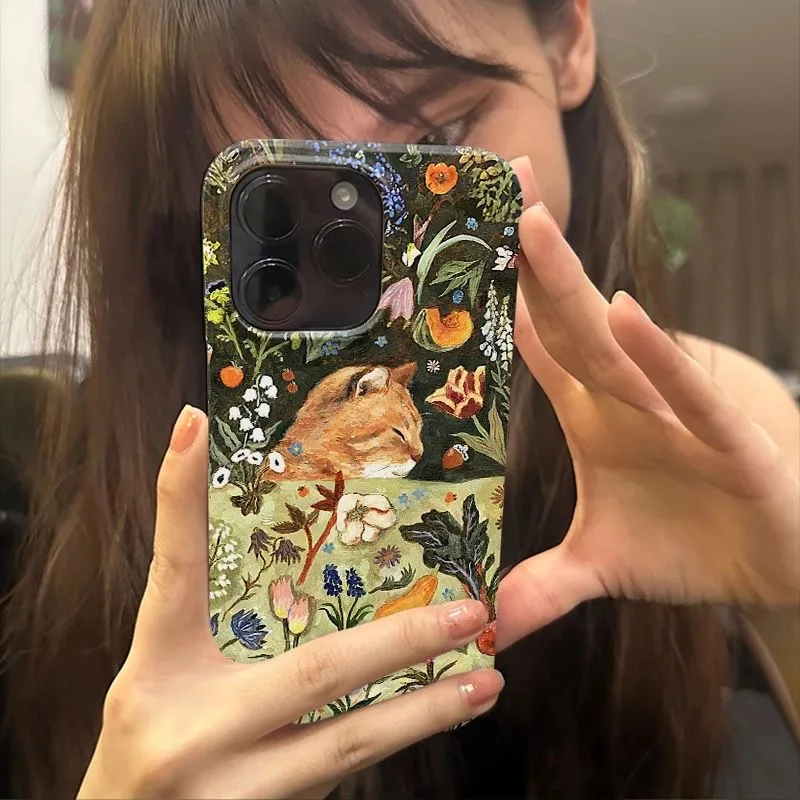 Vintage INS Oil Painting Sleepy Cat & Flowers Cute Animals Artistic Phone Case for iPhone 15 14 11 12 13 Pro Max Plus Back Cover