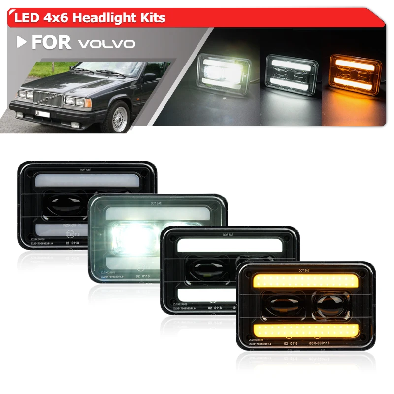 For Volvo 240 740 760 H4651 H4656 Upgraded 4x6 Headlights Replacements LED DRL/Turn Signal/Hi/Lo Sealed Beam Driving Headlamps