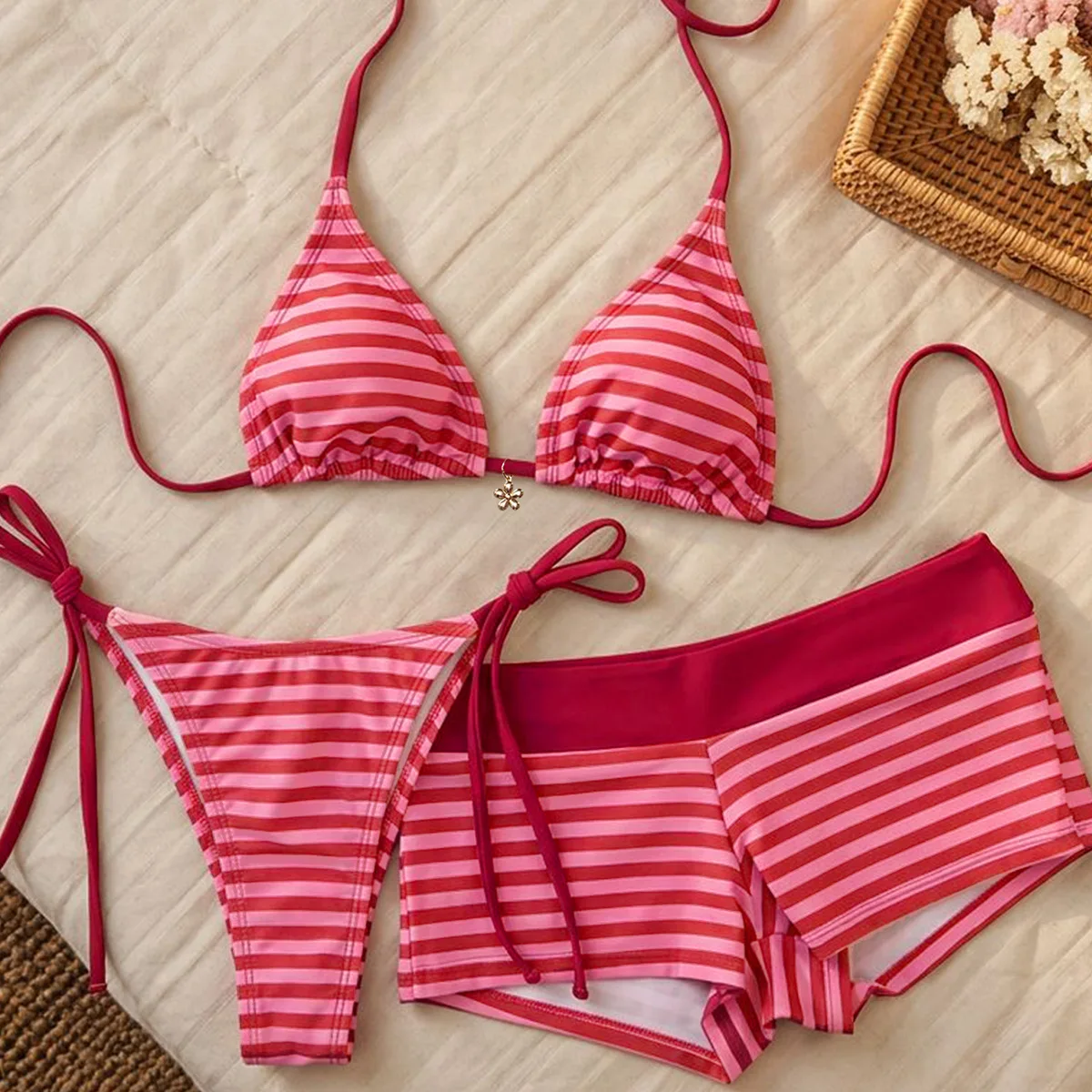 

3 Piece Women's Bikini Set Printed Lace Up Strap Flat Corner Shorts Bikini Split Beach Seaside Sexy Swimsuit for Women