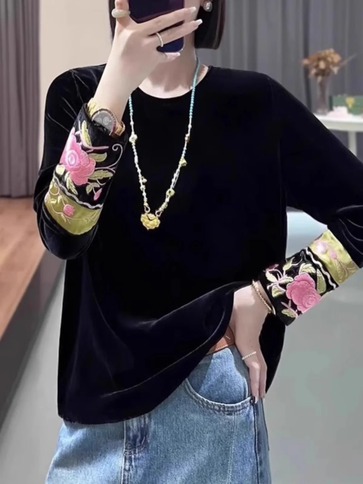 

Вельветовая блузка с длинным рукавом, пэчворк, в китайском национальном стиле, больших размеров, женская, ретро, весенняя коллекция