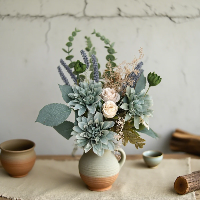 Assorted Dahlia Sage Artificial Flowers Silk Turquoise Wavy Rose Dahlia Hybrid Bride Bouquet Table Wedding Indoor Outdoor Decor