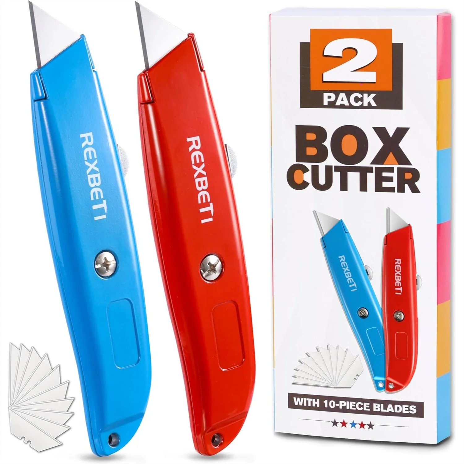 

2 Pack Utility Knife with Extra Blades, Heavy Duty Retractable Box Cutter for Cartons, Cardboard, 10 Blades Included