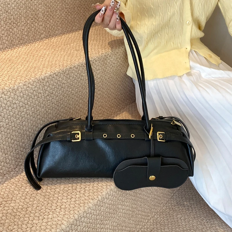 Punk Style Belt Buckle Needle Shoulder Bag For Women Korean Handbag Commuter Bag Retro PU Leather Underarm Bag Big Capacity Tote