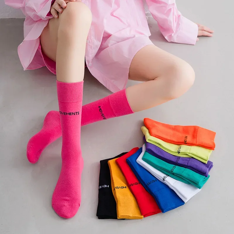 Rose Red Socks Women Harajuku Indie Pop Middle Tube Colors Sock Korean Alphabet Sport Cotton Skater Breathable Socks Calcetines