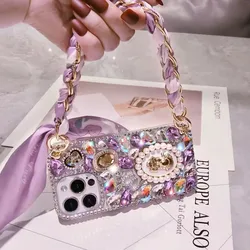 Bling Diamond Pearl Goddess Portrait Cover For iPhone 16 15 14 13 12 11 Mini Pro X XS Max XR Plus Crystal Portable Chain Case