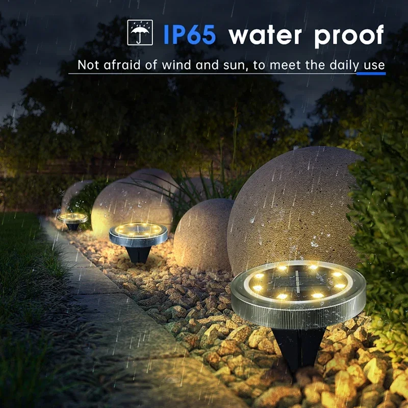 8PCS Solar Powered Ground Lights IP65 Waterproof Outdoor LED Disk Lights for Garden Non-Slip Landscape Path Lighting for