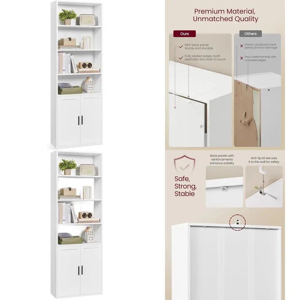 

6-Tier Tall Cloud White Bookshelf with Doors, Open Storage, 9.4x23.6x68.9, for Living/Dining/Office Spaces