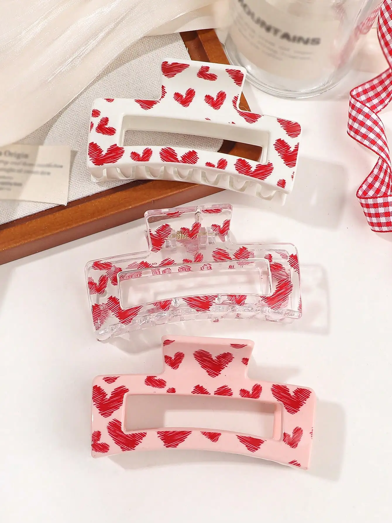 3 Stück rosa Liebesdruck-Haarklammern für Frauen, dünnes, dickes, lockiges Haar, große Bananenklammern, starker Halt, Kieferklammern, Haar-Accessoires