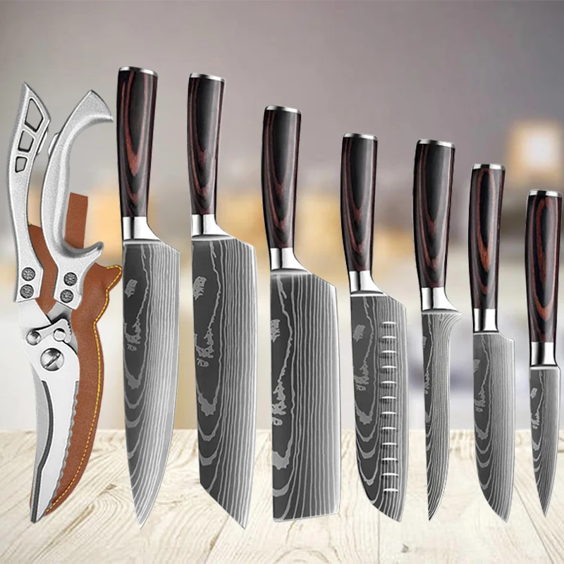 1-11pcs Damascus Steel Chef Knife Set Kitchen Meat Cleaver Japanese Santoku Knife Vegetable and Fruit Knives Kitchen Scissors