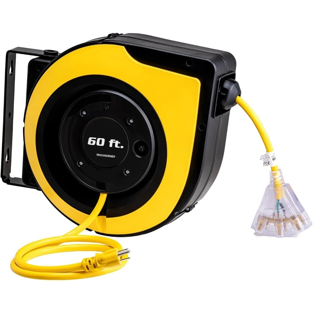 

60 Ft Retractable Extension Cord Reel with 3 Outlets Indicator Lights 12AWG Heavy Duty SJTOW Cord 15A Breaker Wall Ceiling
