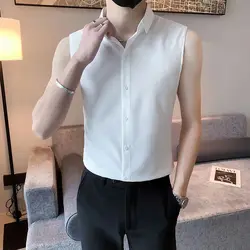 Elegant Fashion Harajuku Slim Fit Ropa Hombre Casual All Match Cotton Tshirts Solid Button Lapel Collar Sleeveless Blusa Vest