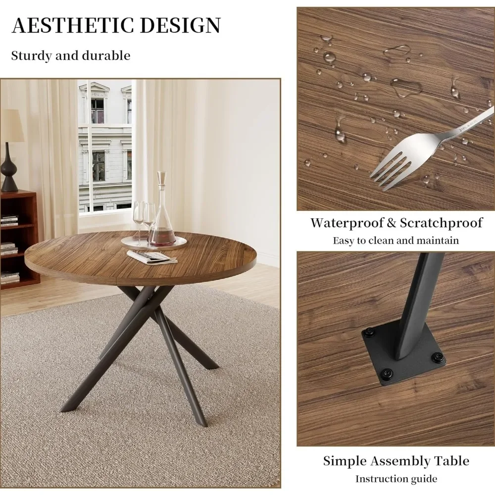 45.3'' Walnut Round Dining Table Set for 4, Mid Century Modern Small Coffee Set for Dining Room Kitchen Apartment