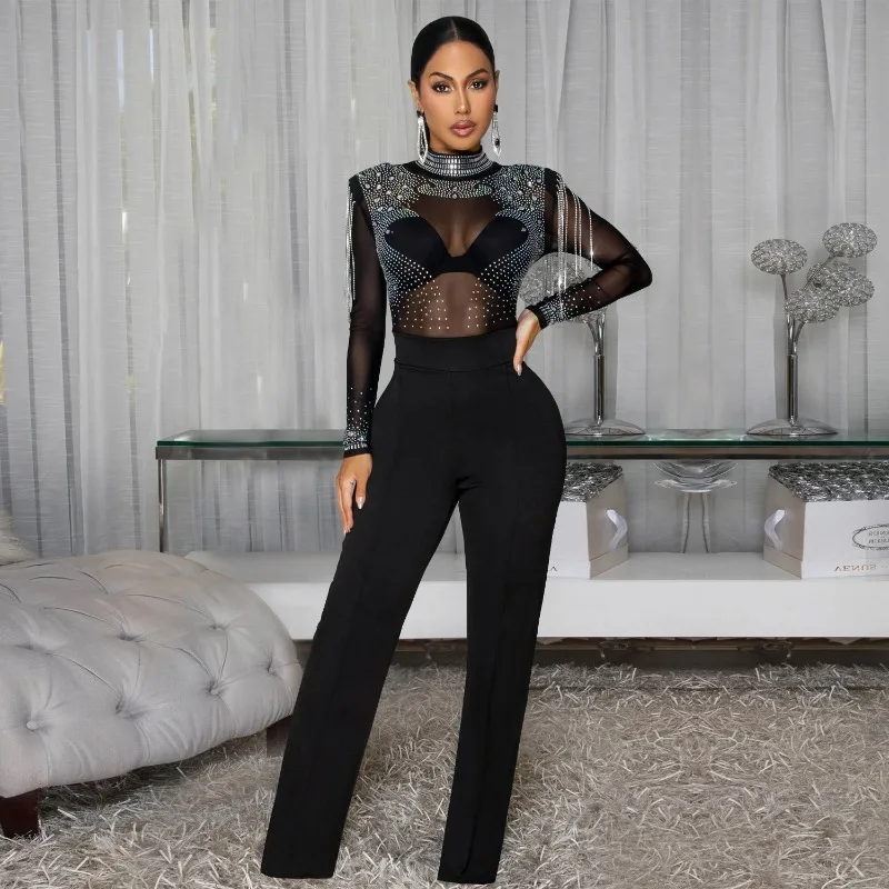 

KEXU Women's Sexy See Through Mesh Rhinestone Long Sleeve Jumpsuit Sheer Night Party Club Jumpsuit