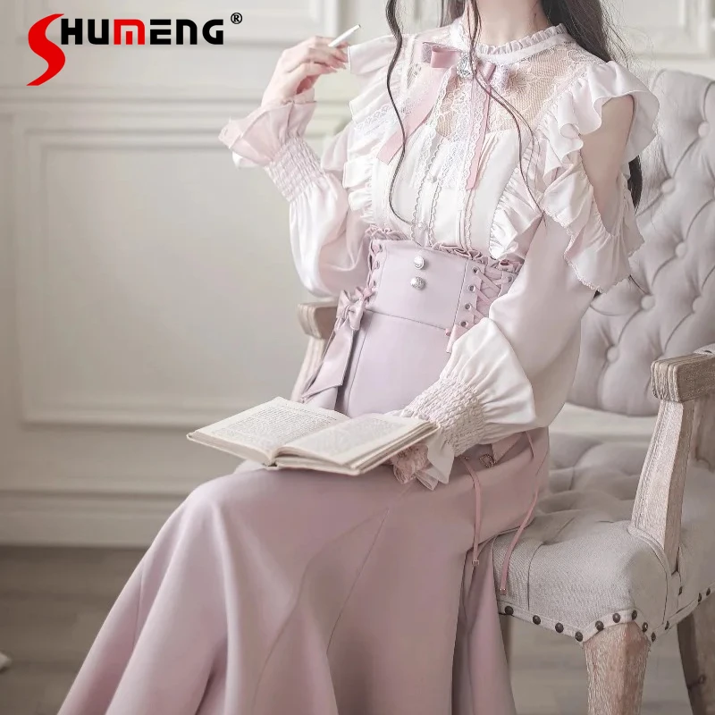

Japanese Rojita Mini Series SC Pink And White Blouse Mass-Produced Elegant Mermaid Skirt Long Sleeves Single-breasted Shirt Girl