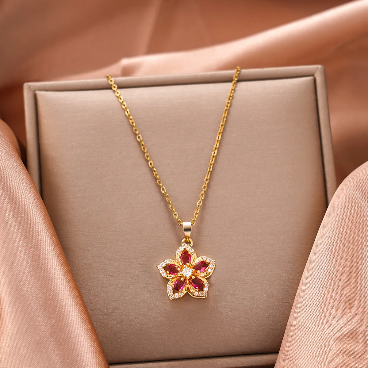 Gold color Stainless Steel Rotatable Flower Zirconia Pendant Necklace Charm - Romantic Luxury Jewelry for Women And Girls image 3
