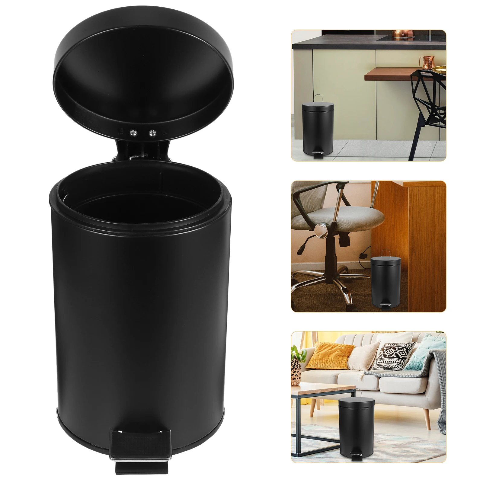

Pedal Trash Can 3L Black Matte Round Lid Waste Bin Kitchen Living Room Step Garbage Container Reusable Easy Clean Iron Material