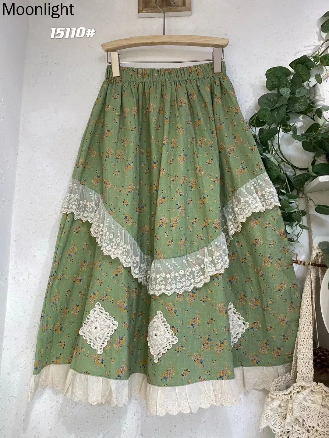

Vintage Embroidery Floral Green Skirts Women Japanese Mori Girl Cotton Linen Lace Ruffled Elastic Waist Female Pleated Skirt