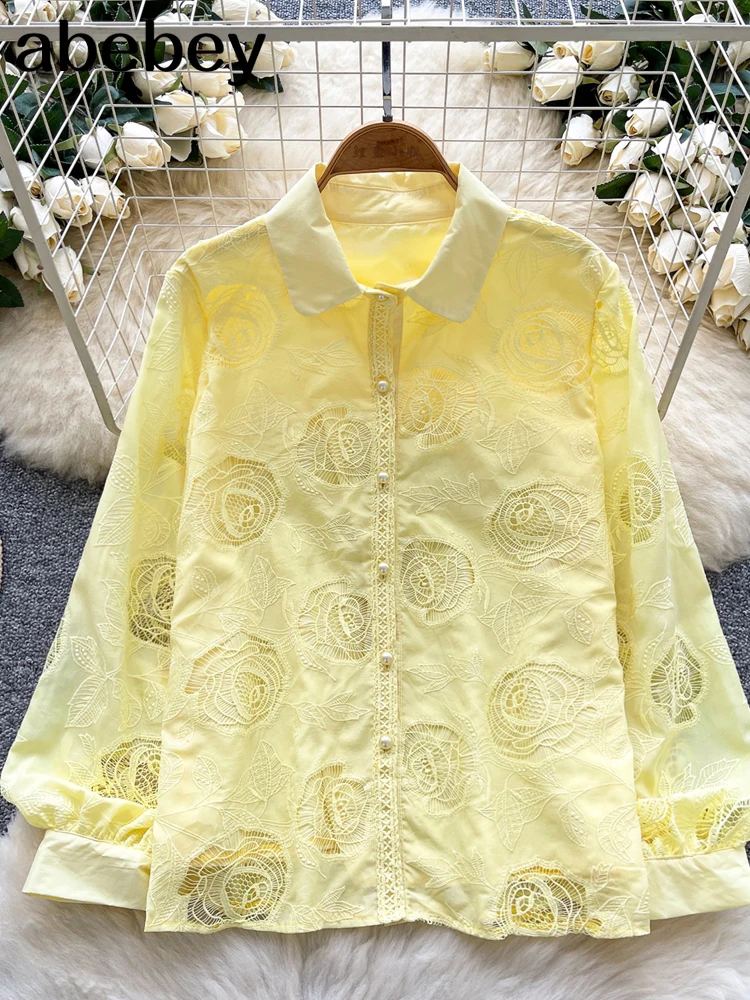 

2026 New Hit Color Spliced Button Blouses For Women Lapel Long Sleeves Hollow Out Elegant Chic Shirt Female Fashion Style