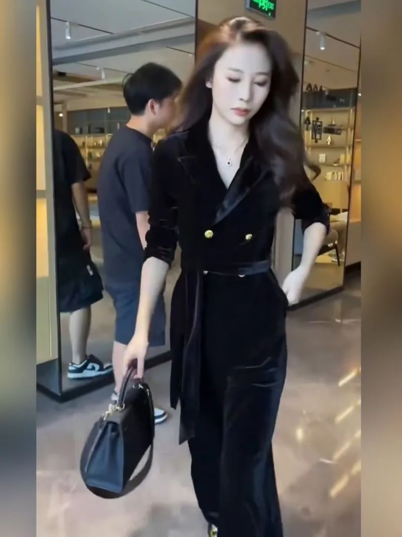 New High Quality Velvet Women's Jumpsuit Fashion Spring Autumn Elegant Slim Waist Lapel Long Sleeve Office Lady Jumpsuits