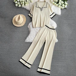 Women Casual Summer Loose Contrast Color Knit Two-piece Set POLO Collar Short Sleeved Top and High Waisted Wide Leg Pants Outfit