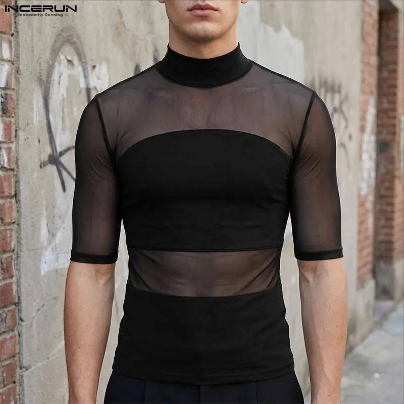 INCERUN Herren T-Shirt Mesh Patchwork Rollkragen Kurzarm Tee Tops für Männer Streetwear Durchsichtig 2026 Sexy Mode Herrenkleidung