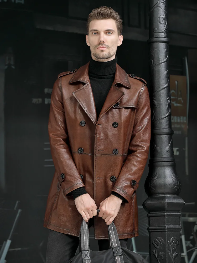 Oil Wax Brown Sheepskin Long Premium Coat Men\'s Autumn and Winter New Double Breasted Genuine Leather Windbreaker Jacket Men 6XL