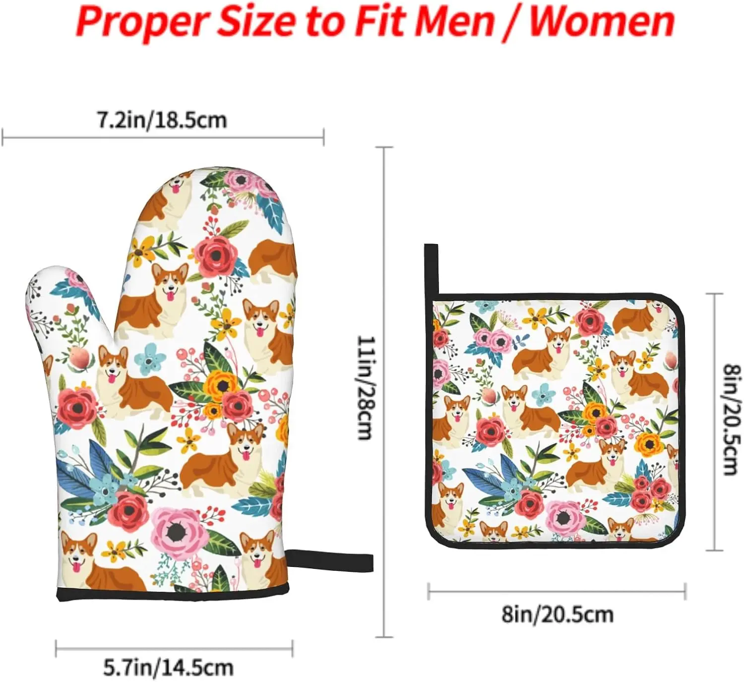 Cute Corgi Dog Oven Mitts and Pot Holders Set Funny Puppy Kitchen Gloves Heat Resistant Hot Pads for Microwave Cooking Baking