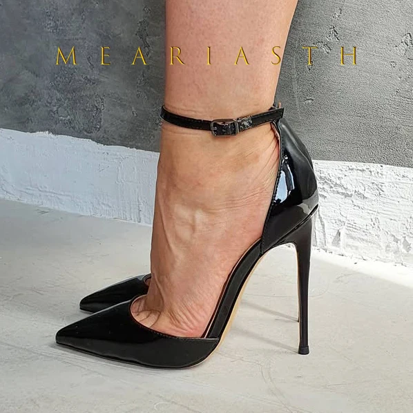 Zapatos de tacón alto fino de 12CM con punta estrecha para mujer, tacones de charol negro con correa en el tobillo para vestido de fiesta de noche, talla grande 35-44