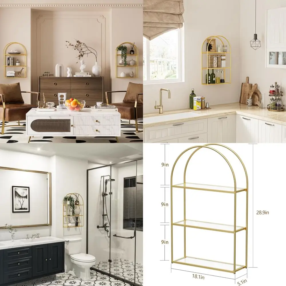 

Arched 3-Tier Bathroom Wall Shelf with Transparent Glass Shelves and Strong Storage Capacity