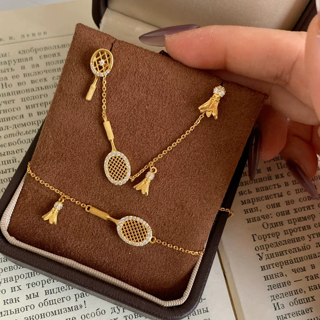 

Foydjew Fashion Creative Badminton Racket Design Gold Color Necklaces Bracelets Stud Earrings Jewelry Sets For Women